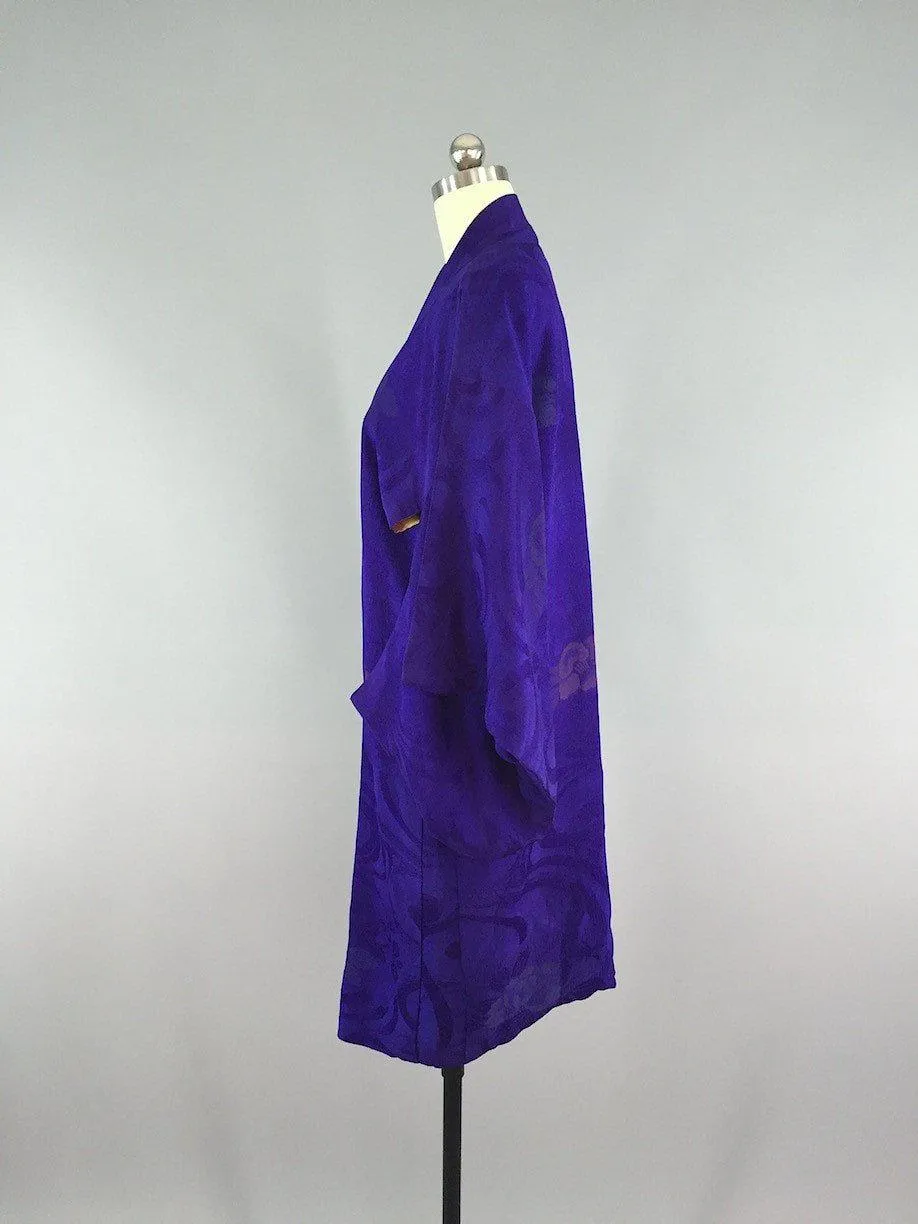 1940s Vintage Silk Haori Kimono Cardigan / Purple Embroidery