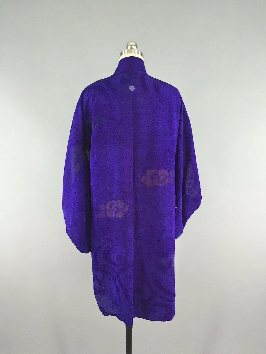 1940s Vintage Silk Haori Kimono Cardigan / Purple Embroidery