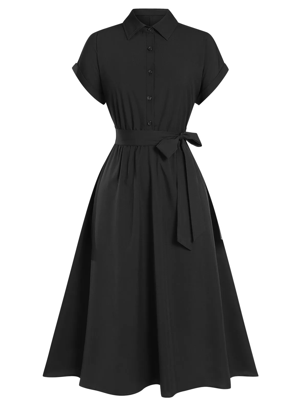 1950s Solid Cap Sleeves Buttoned Shirt Dress