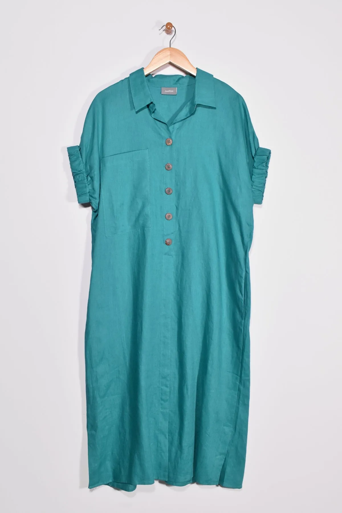 40" Shirt Collar Dress with Short Elastic Sleeves