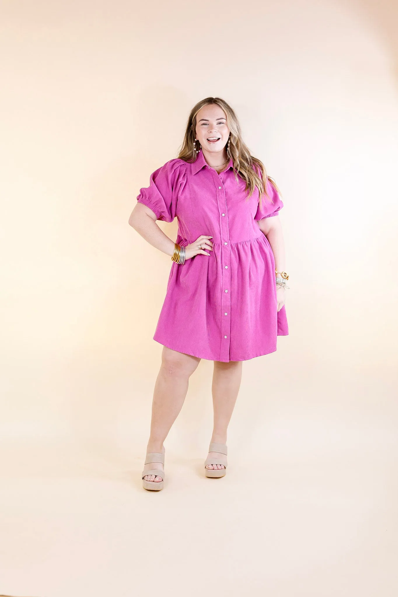 Adventures Ahead Button Up Corduroy Babydoll Dress in Magenta Pink Purple