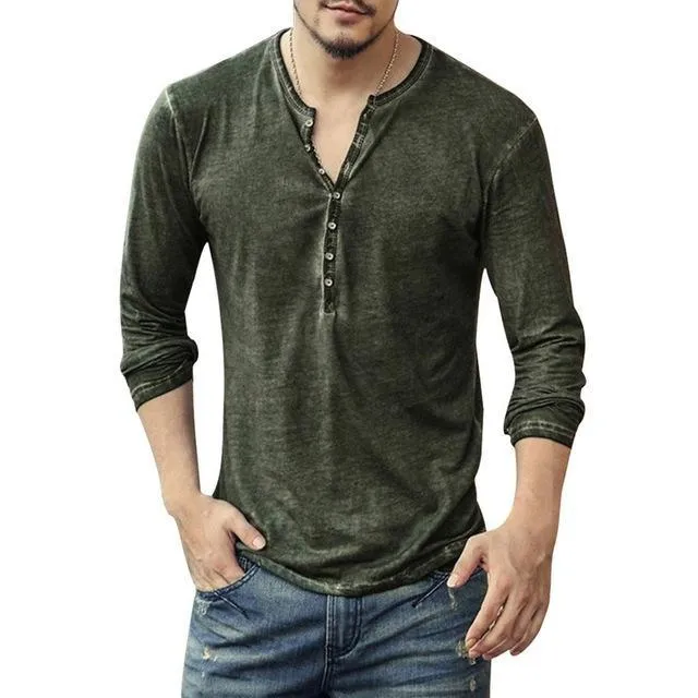 Aidase Men's T-shirt of v-neck, Long-sleeved T-shirt and Elegant Button-down T-shirt fall Casual solid men's PLL 5XL