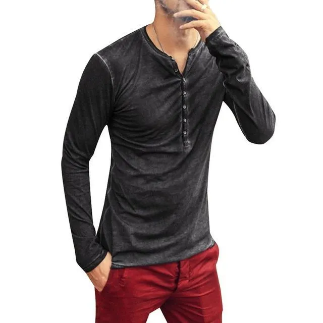 Aidase Men's T-shirt of v-neck, Long-sleeved T-shirt and Elegant Button-down T-shirt fall Casual solid men's PLL 5XL