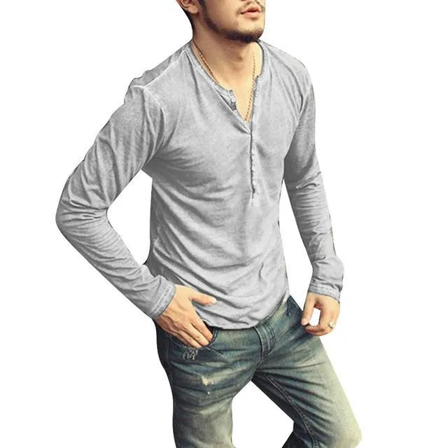 Aidase Men's T-shirt of v-neck, Long-sleeved T-shirt and Elegant Button-down T-shirt fall Casual solid men's PLL 5XL