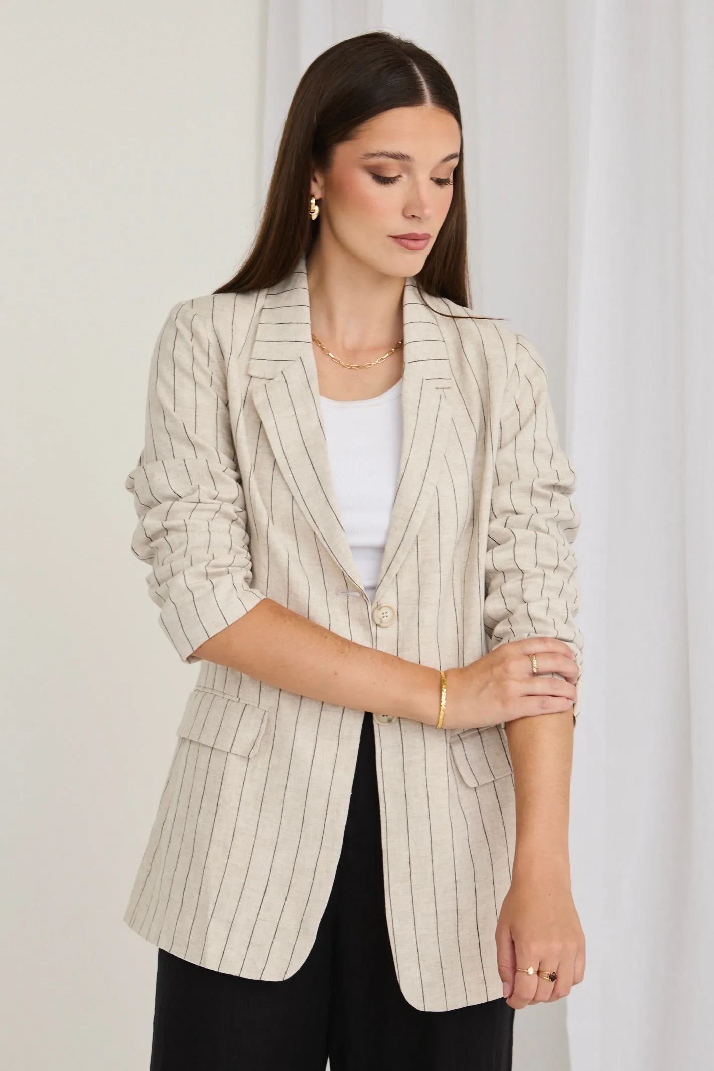 Aster Natural Pinstripe Linen Single Breasted Longline Blazer