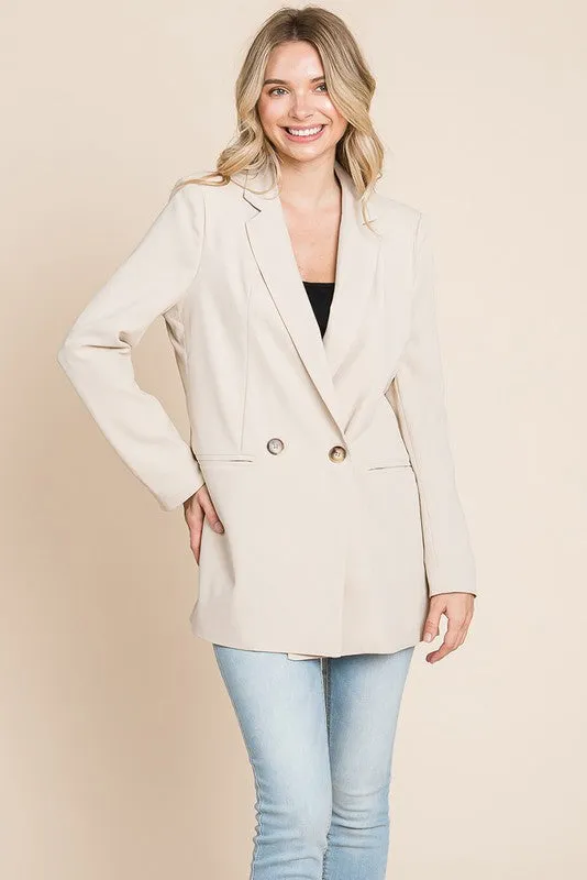 Beige Long Double Breasted Lapel Collar Blazers