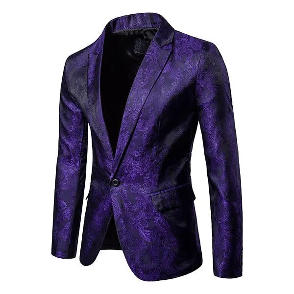 Blazer court ajusté vintage en jacquard à un bouton pour homme