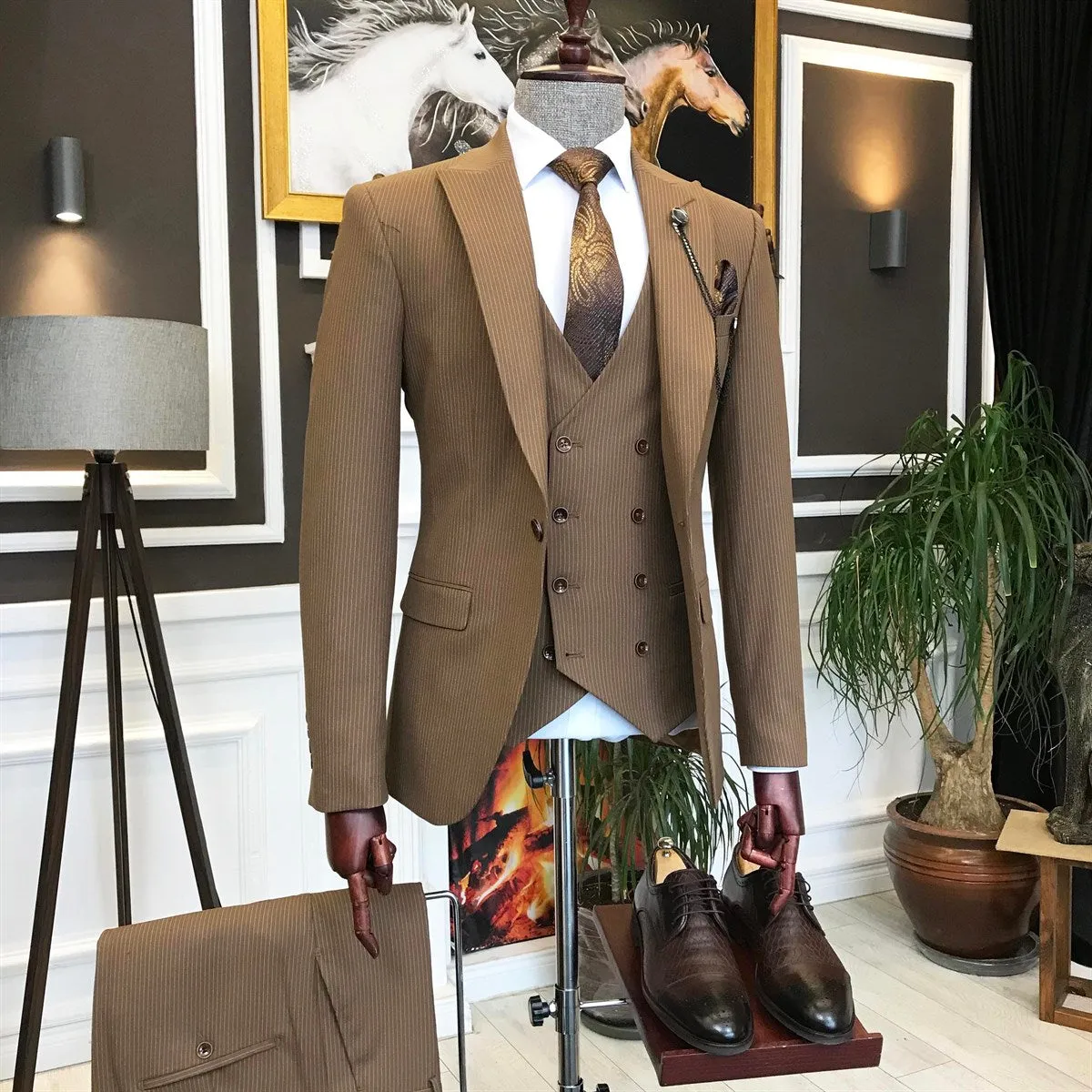 Bojoni Brown Striped Slim-Fit Suit 3-Piece