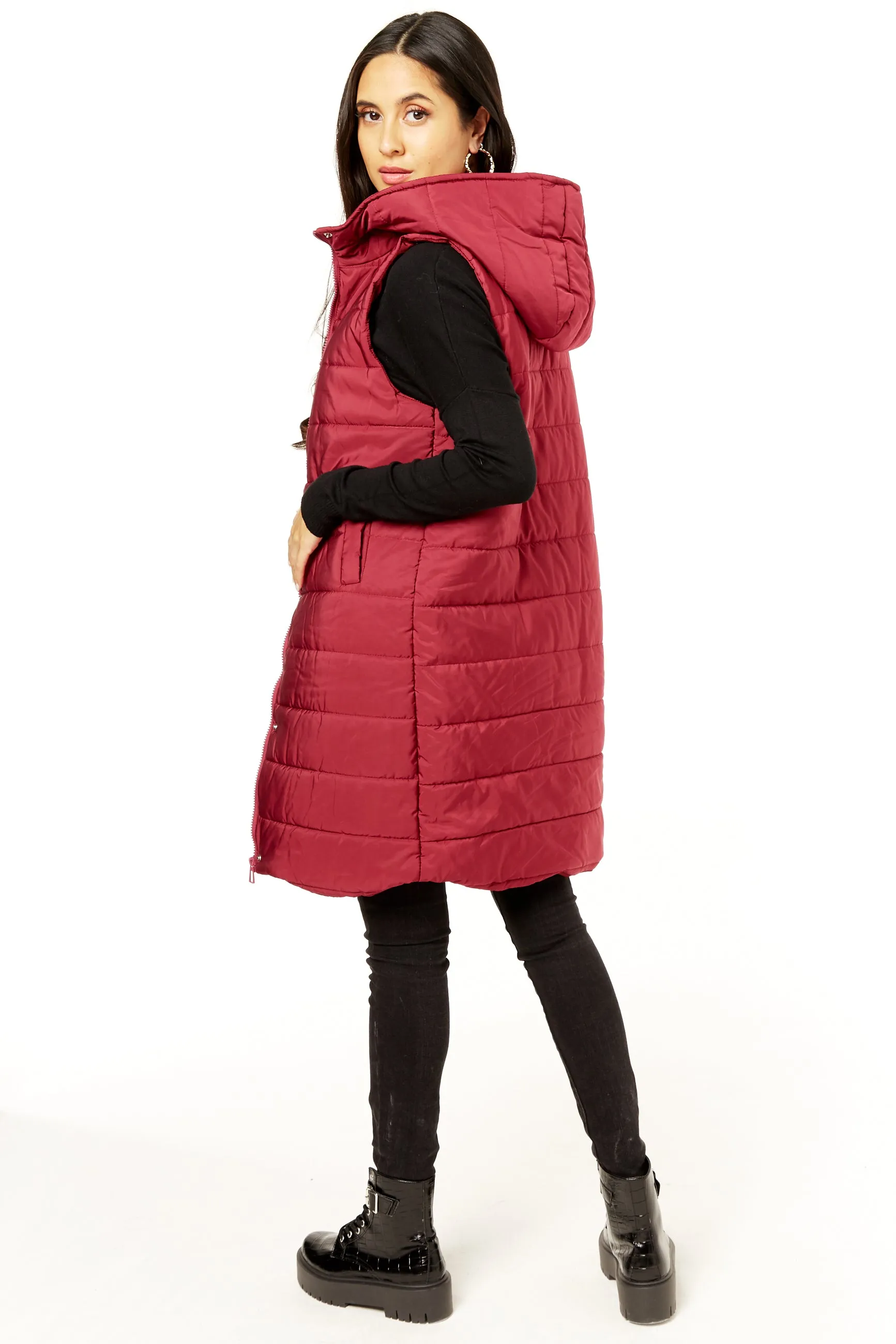 Burgundy Longline Padded Hooded Gilet