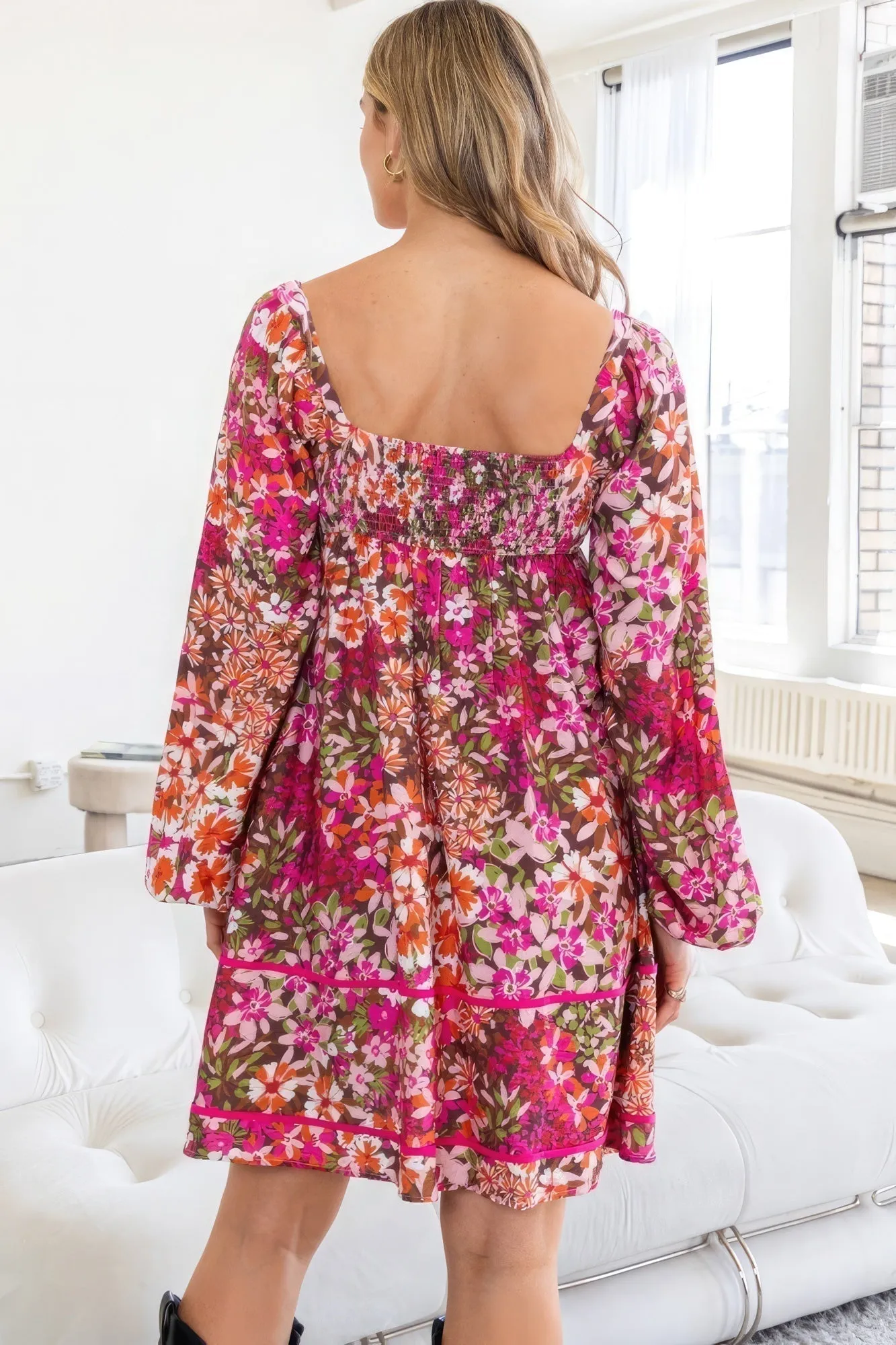 Chic Floral Mini Dress with Square Neckline in Dark Pink