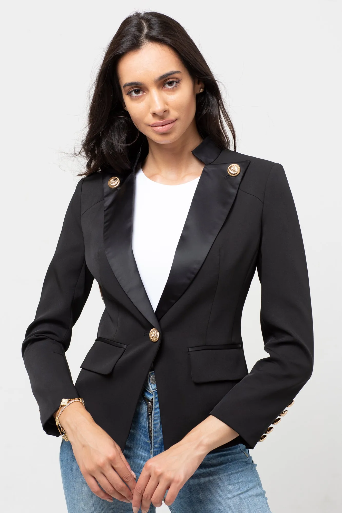 COLLAR ONE GOLD BUTTON BLAZER BLACK