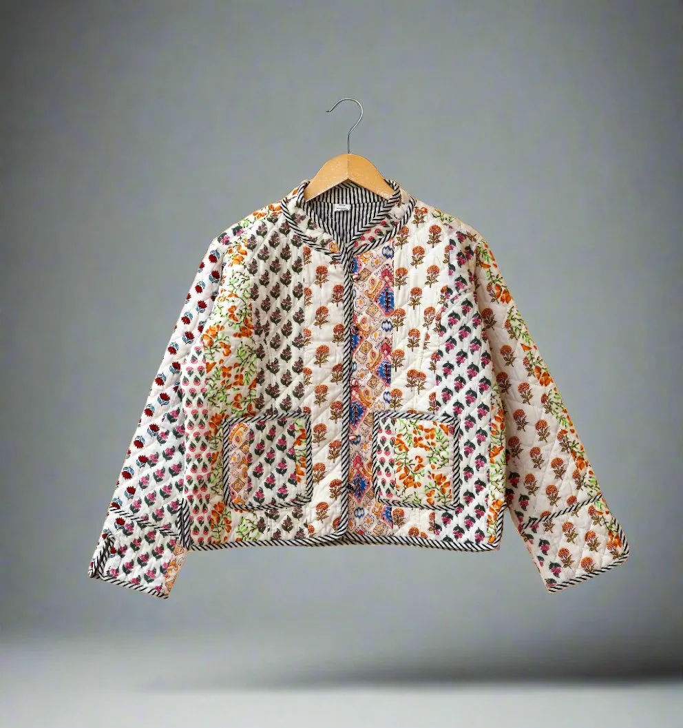 Cotton Handcrafted Kantha Jacket, Patchwork Women’s Quilted Reversible Coat, Kimono Indian Hand Block Printed Vintage Style Boho Vest Autumn Gift for her