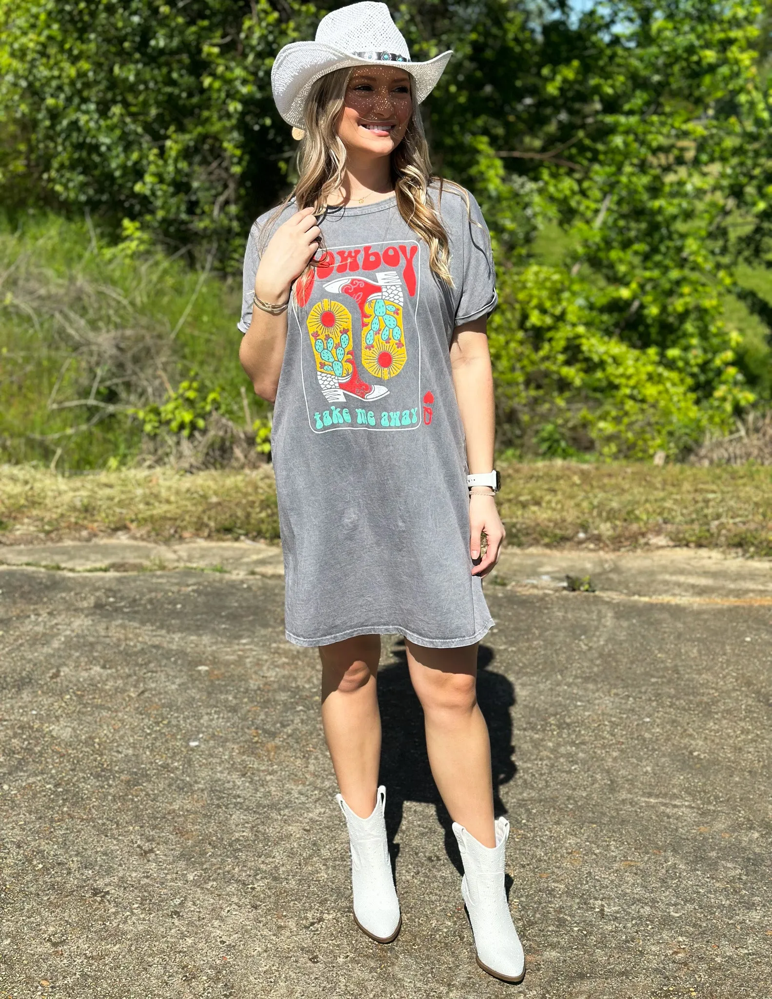 Cowboy Take Me Away Graphic Shirt Dress Mineral Grey