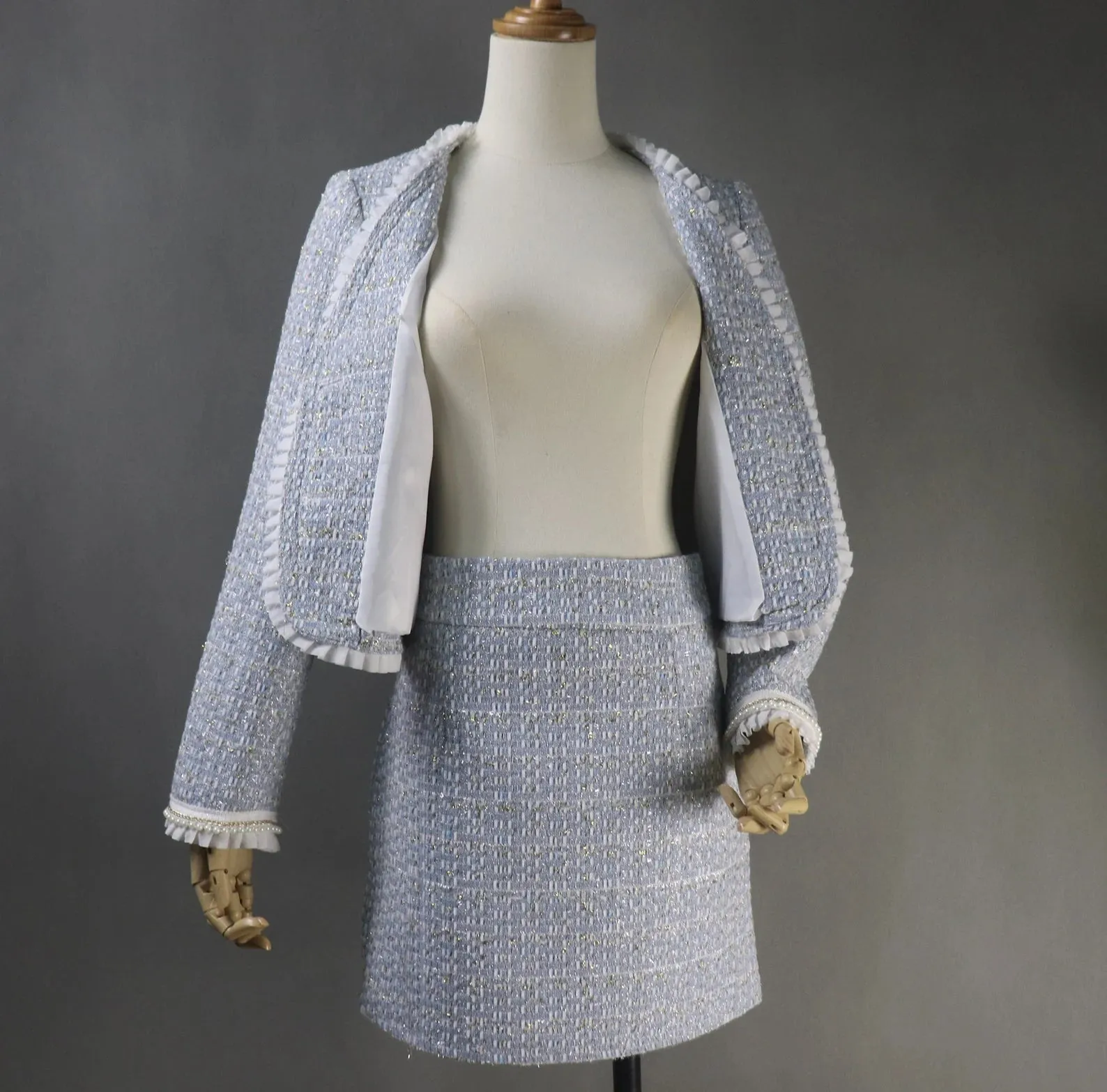 Custom Made Blue Tweed Suit with Pearl Ruffle Trim