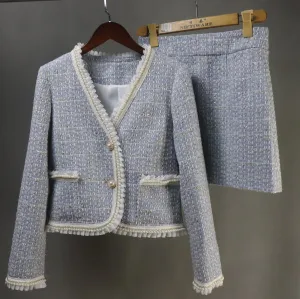 Custom Made Blue Tweed Suit with Pearl Ruffle Trim