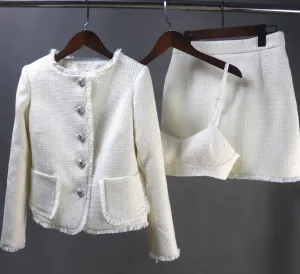 CUSTOM MADE Cream White Tweed Jacket Blazer   Bra   Skirts 3 Pieces