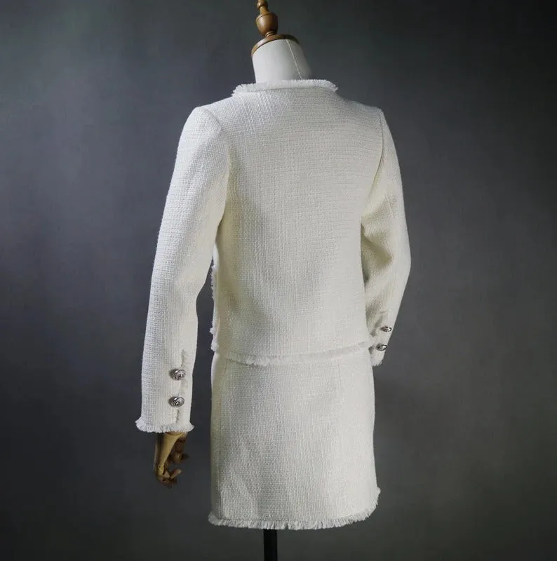 CUSTOM MADE Cream White Tweed Jacket Blazer   Bra   Skirts 3 Pieces