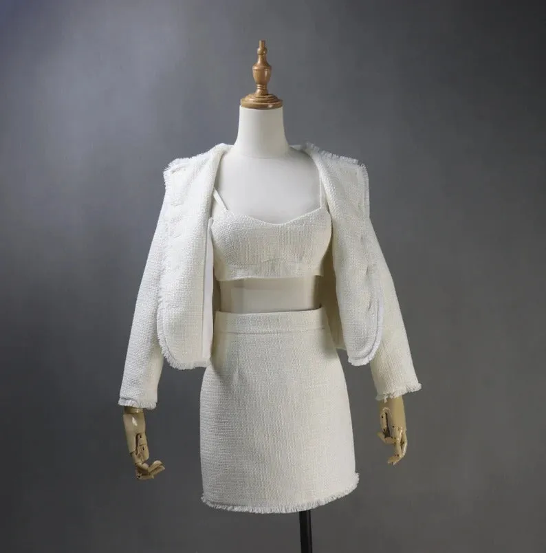 CUSTOM MADE Cream White Tweed Jacket Blazer   Bra   Skirts 3 Pieces