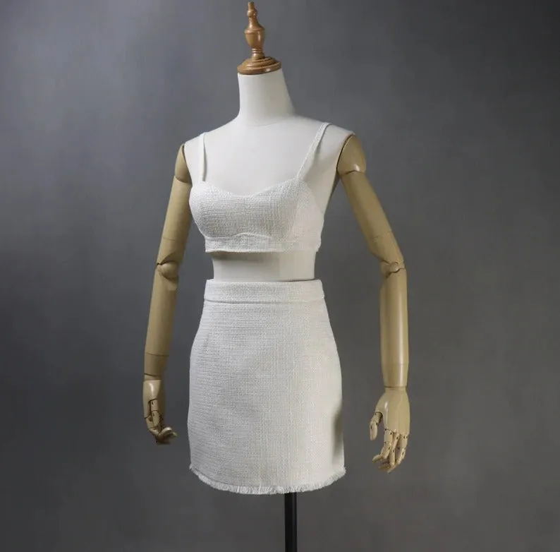 CUSTOM MADE Cream White Tweed Jacket Blazer   Bra   Skirts 3 Pieces