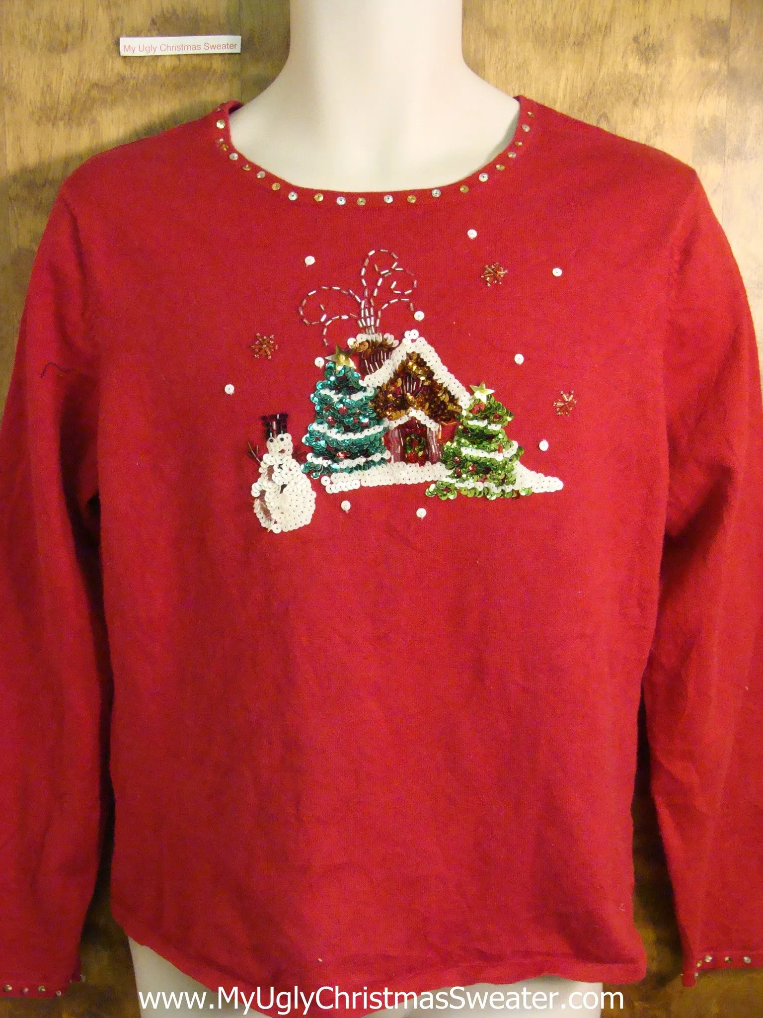 Cute Red Novelty Funny Christmas Pullover with Snowman