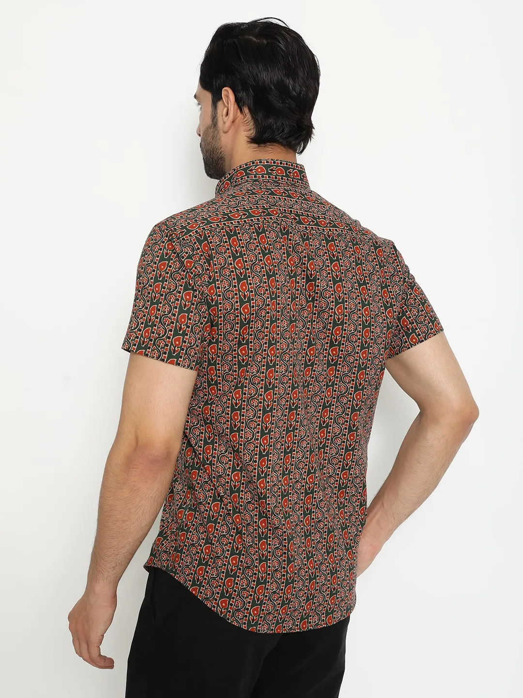 Dark green Short Sleeve Cotton Hand Block Printed Men’s Shirt