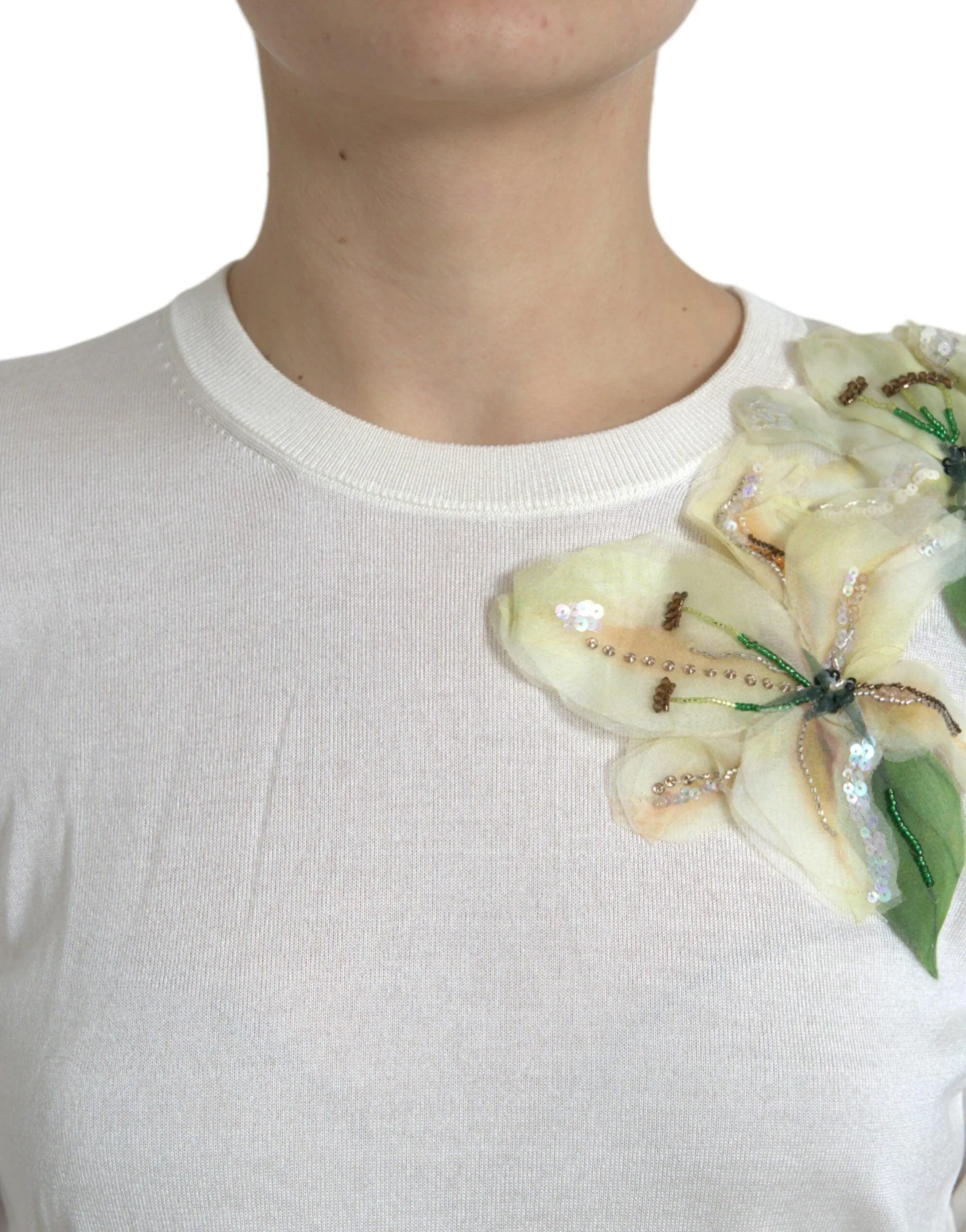 Dolce & Gabbana White Floral Silk Crew Neck Pullover Sweater