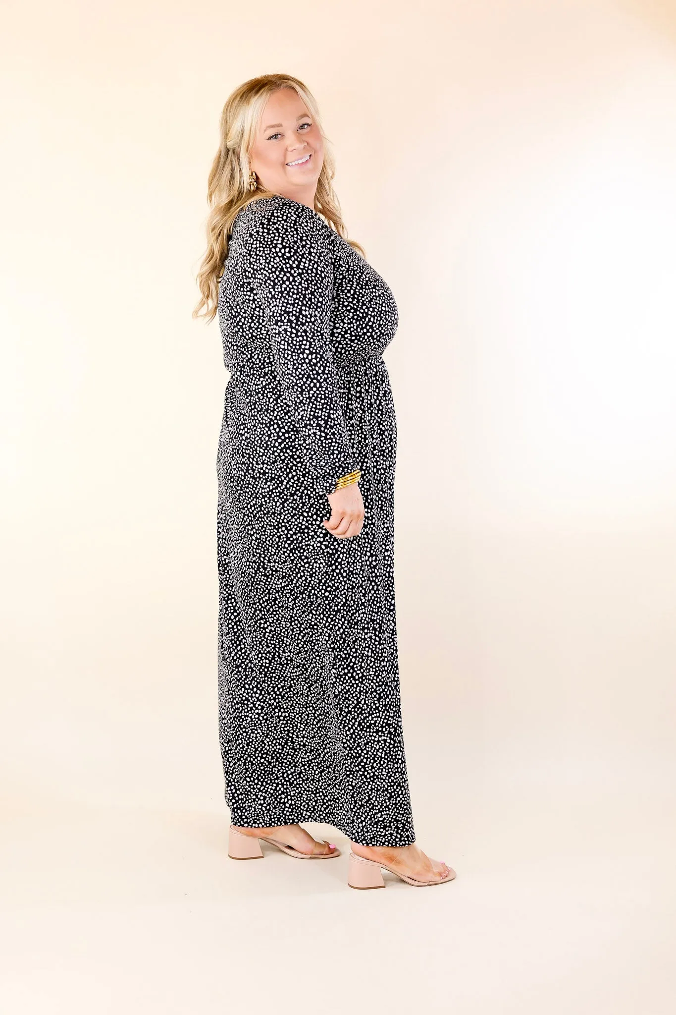 Downtown Spotlight Long Sleeve Dotted Babydoll Maxi Dress in Black