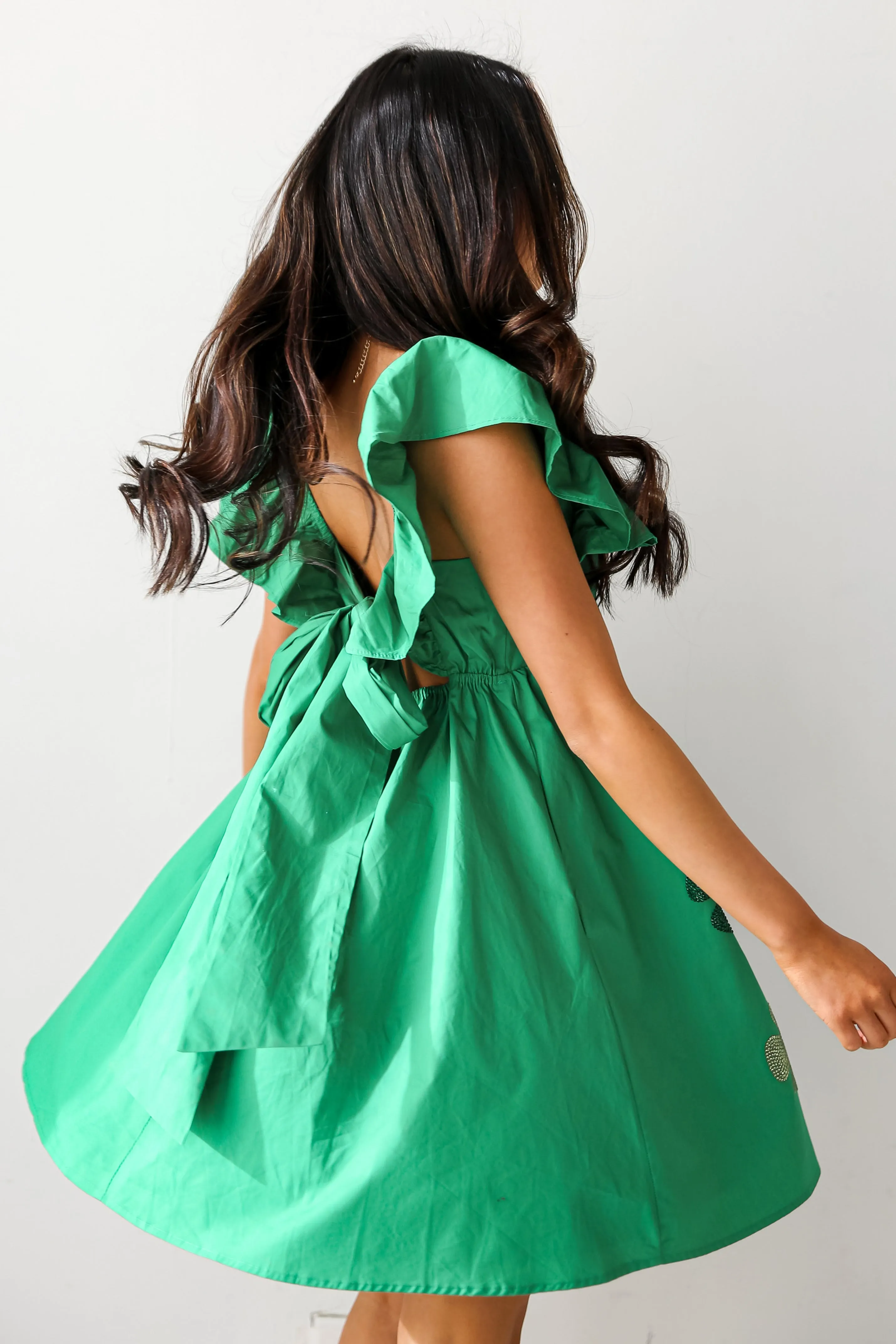 Feeling Lucky Green Rhinestone Four Leaf Clover Mini Dress