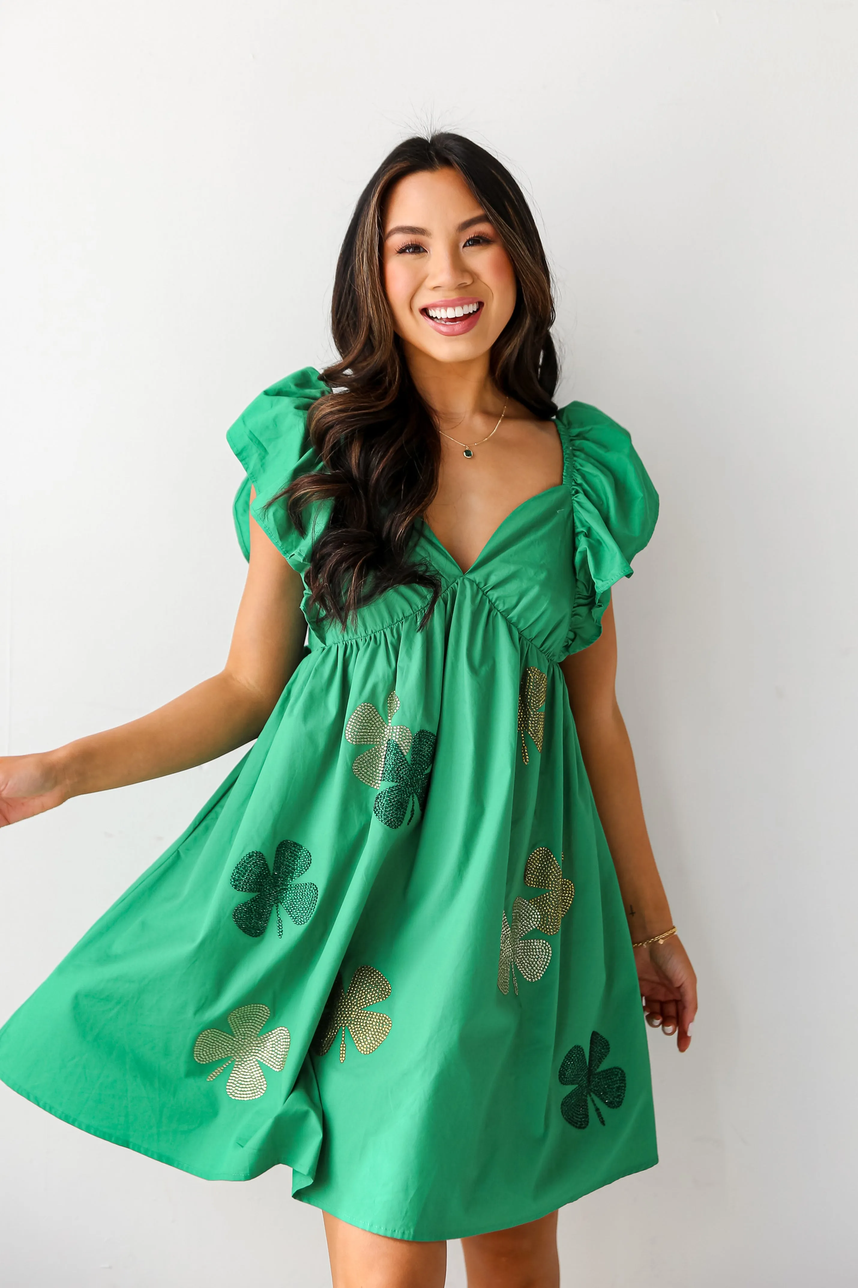 Feeling Lucky Green Rhinestone Four Leaf Clover Mini Dress