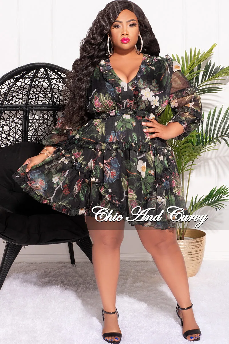 Final Sale Plus Size Chiffon Babydoll Dress Forest Floral Print