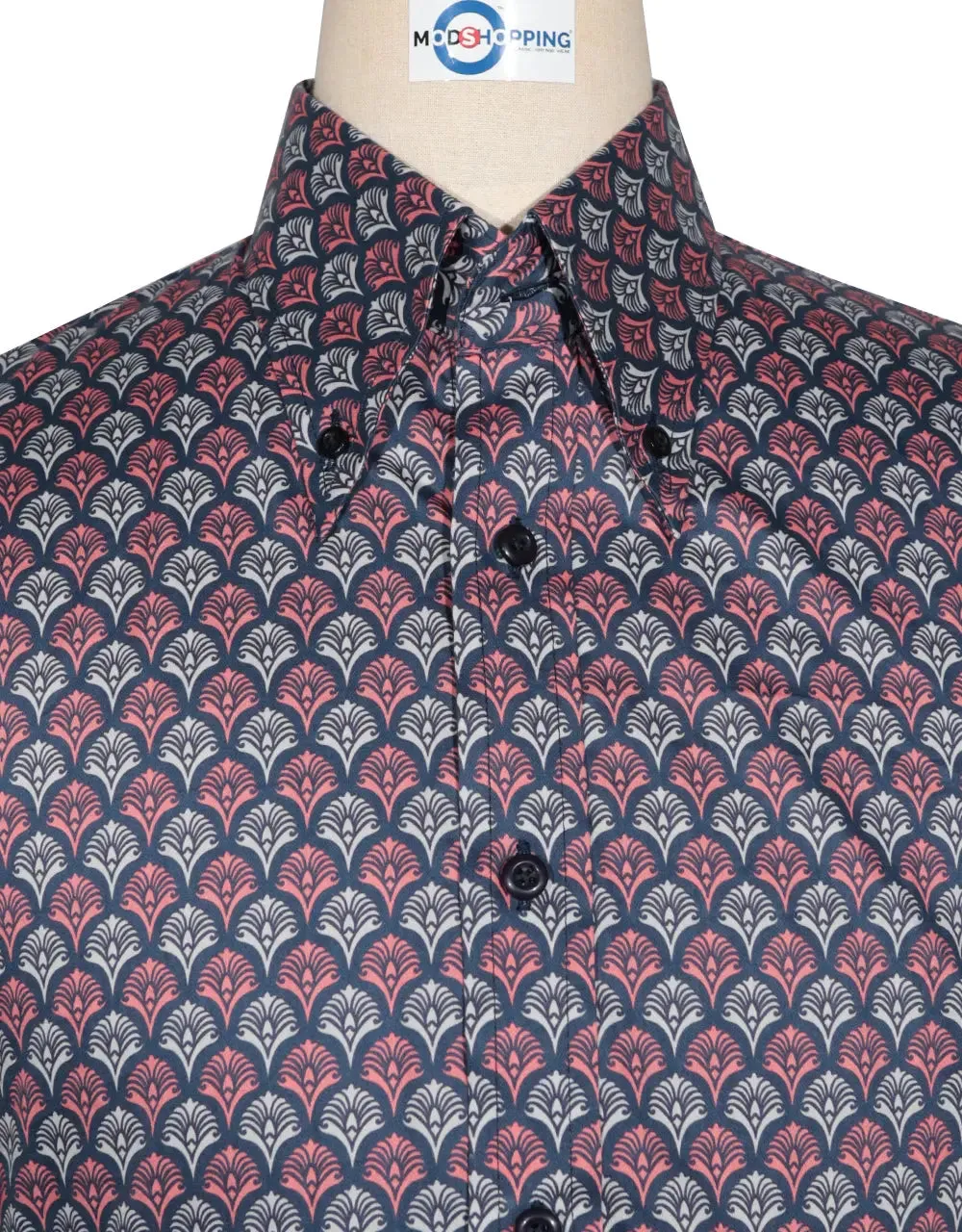 Floral Shirt - 60s  Style Navy Blue, Red and White Floral Shirt