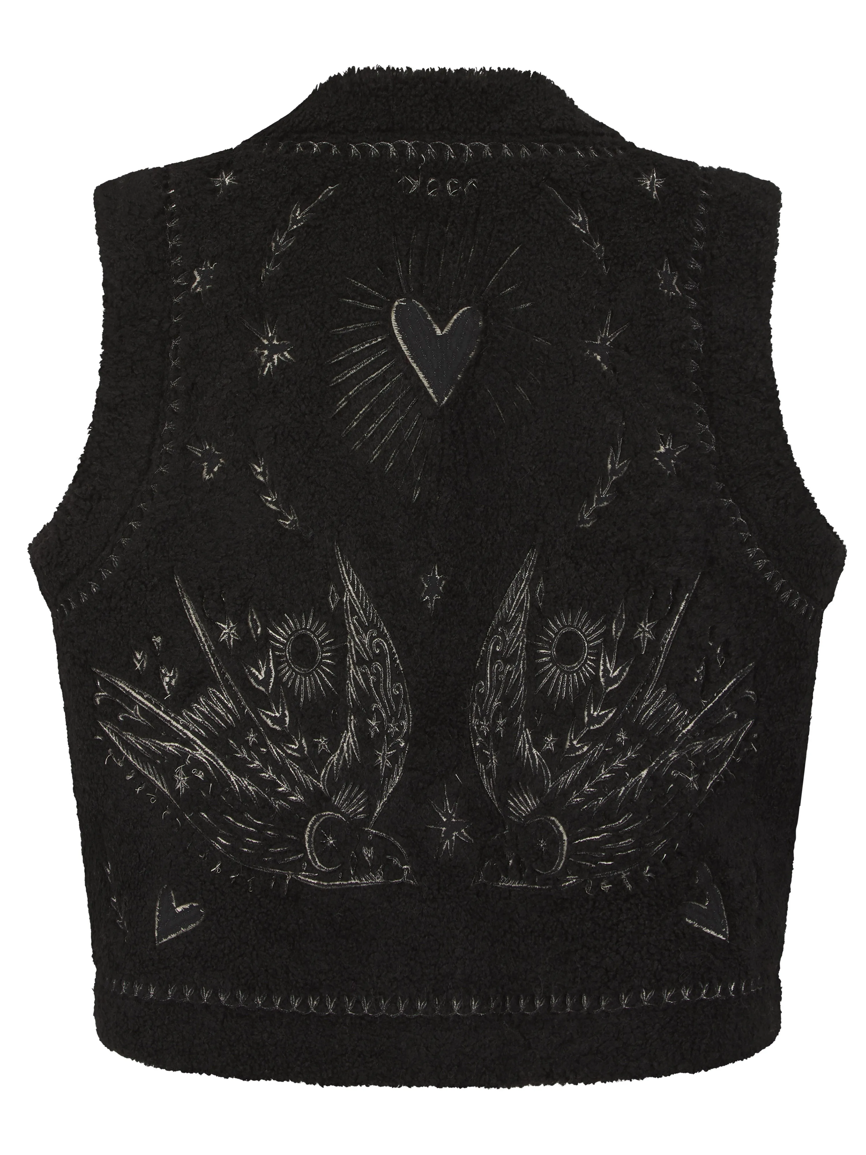 FREE BIRD EMBROIDERED FAUX SHEARLING GILET-BLACK