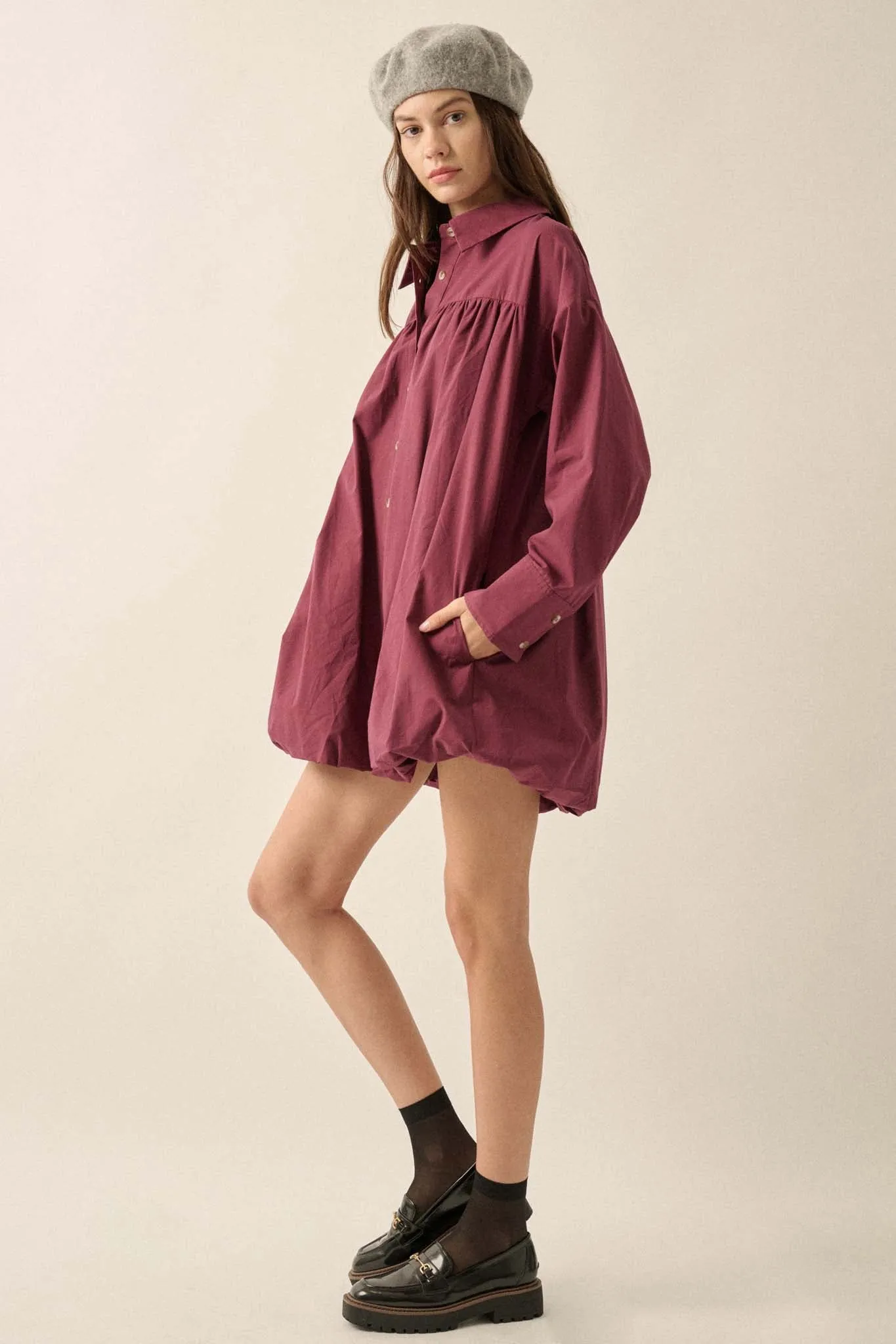 Full Volume Bubble-Hem Babydoll Shirt Dress