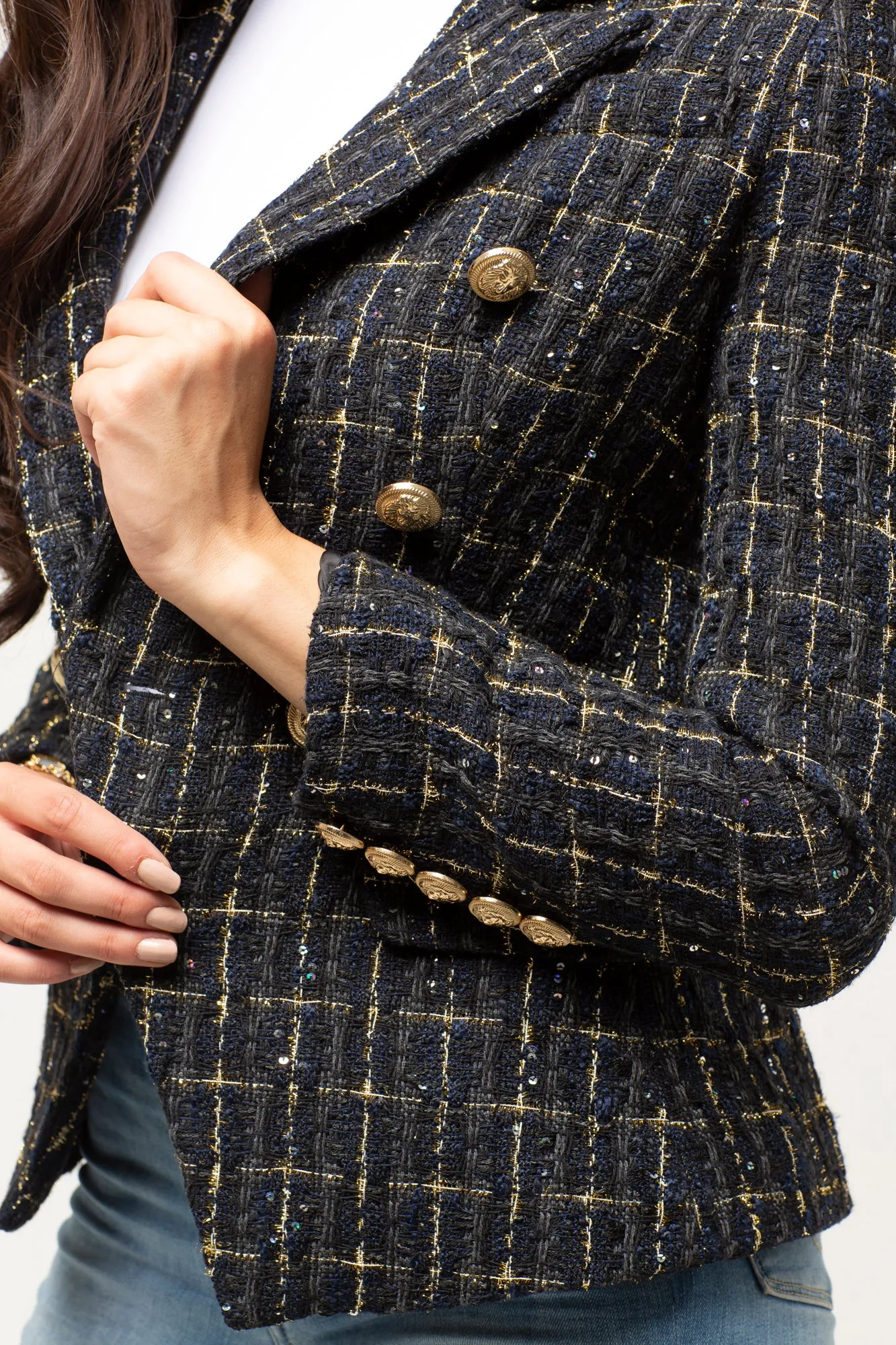 GREY MIX TWEED GOLD BUTTON BLAZER