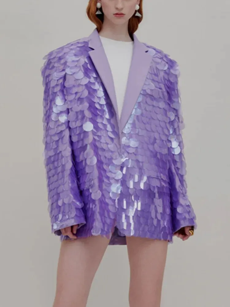 HEYFANCYSTYLE Elegant Lavender Sequin Tailored Blazer