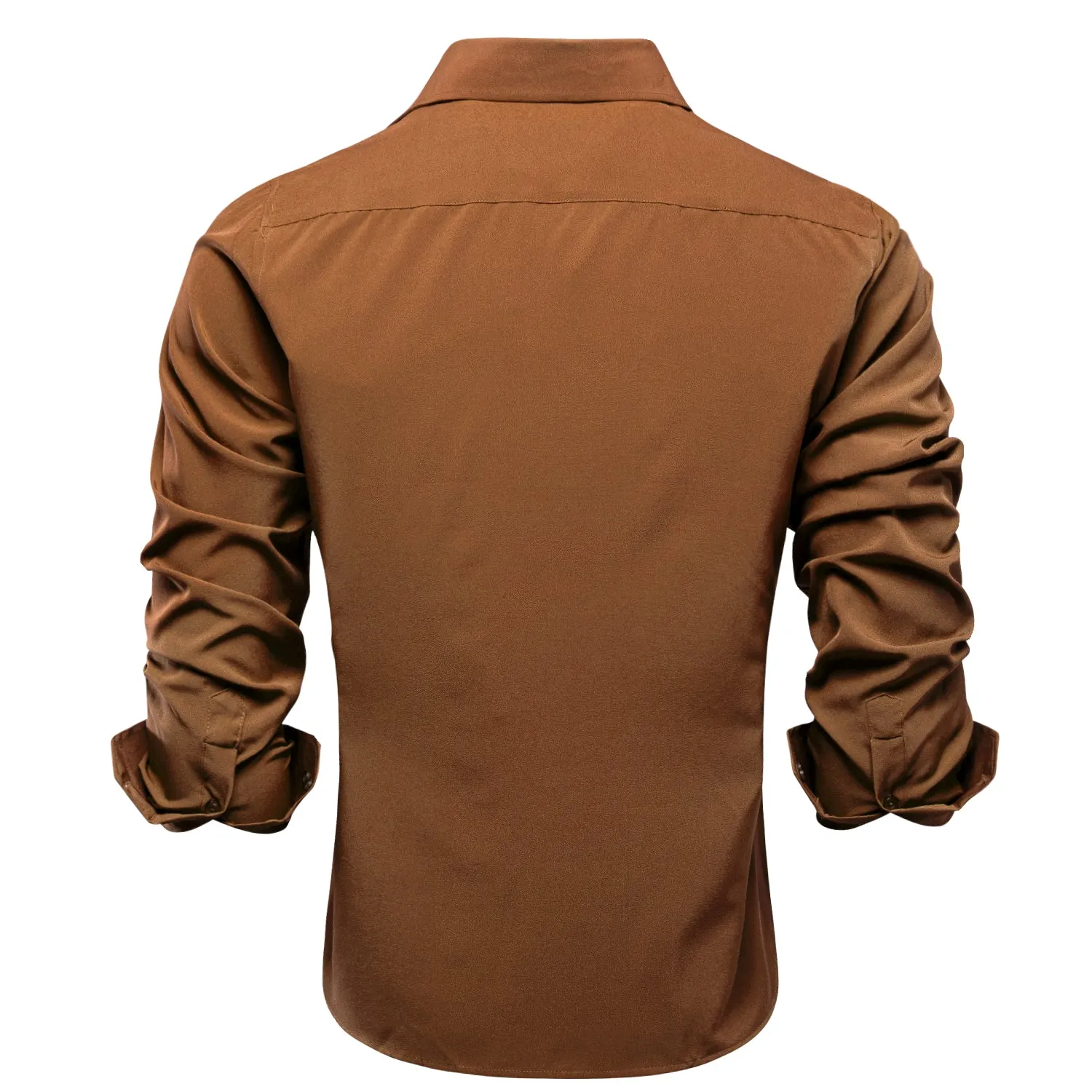 Hi-Tie Brown Dress Shirt Solid Stretch Mens Collared Long Sleeve Shirt