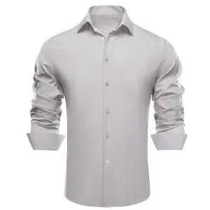 Hi-Tie Light Gray Dress Shirt Luxury Grey Solid Mens Long Sleeve Shirt