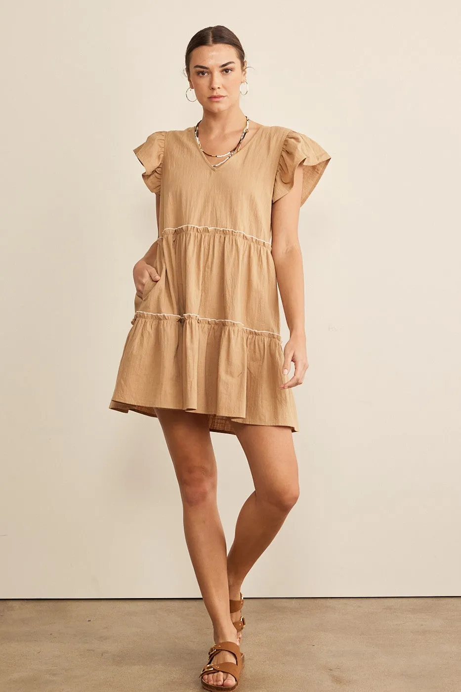 In February Solid Color Tiered Babydoll Dress in Mocha/Cream