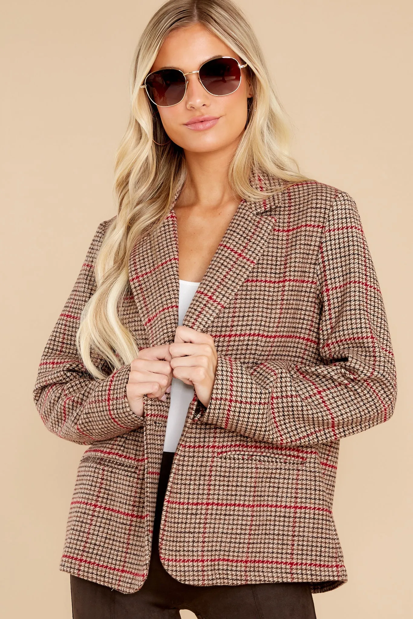 Into Tomorrow Camel And Red Plaid Blazer