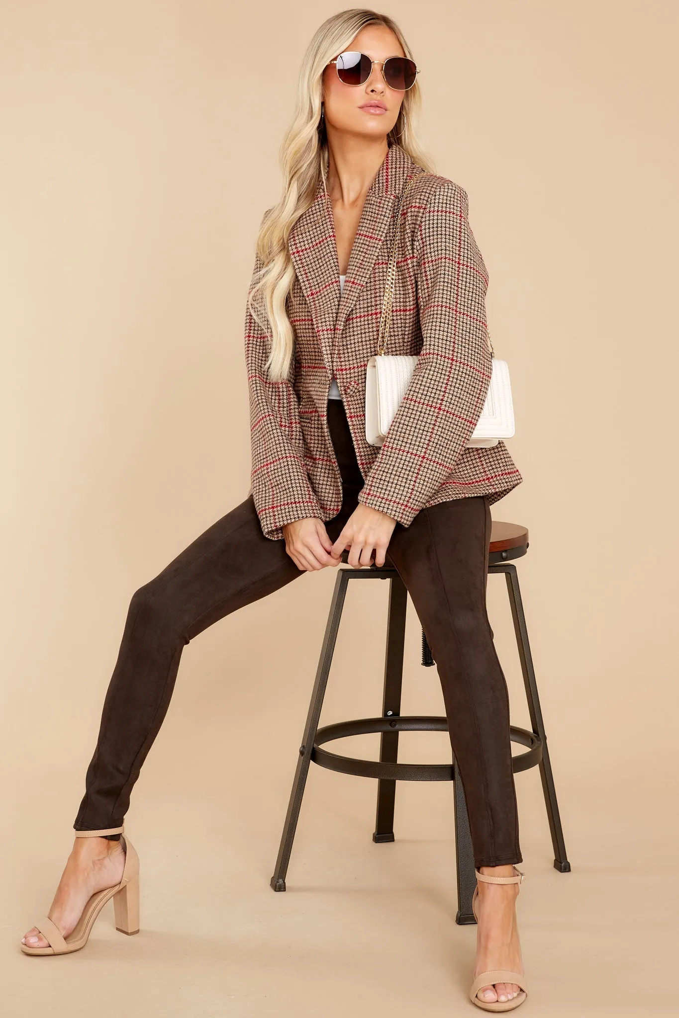 Into Tomorrow Camel And Red Plaid Blazer