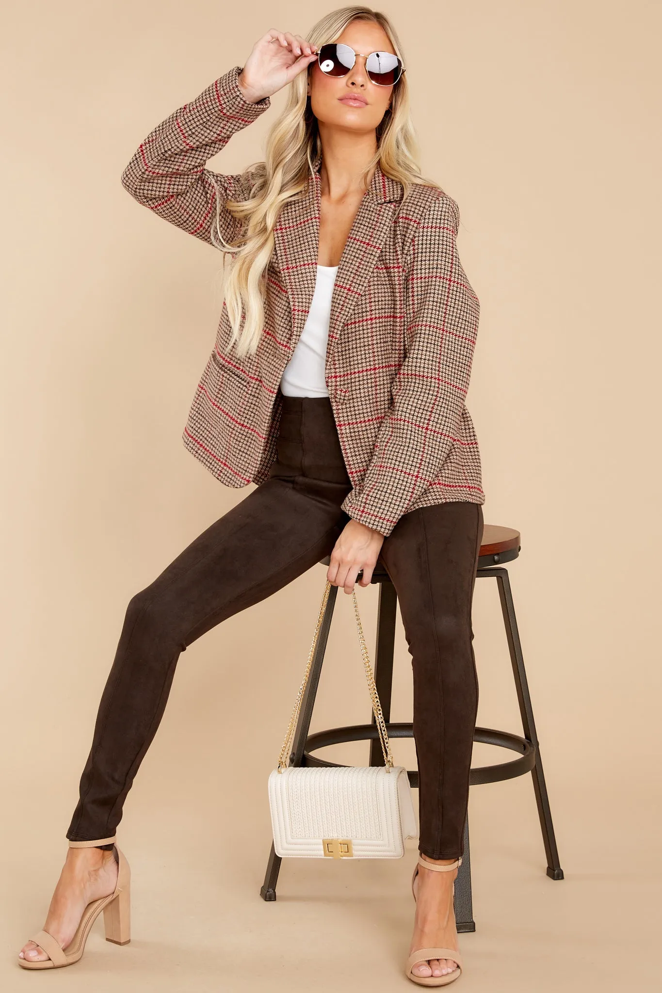 Into Tomorrow Camel And Red Plaid Blazer