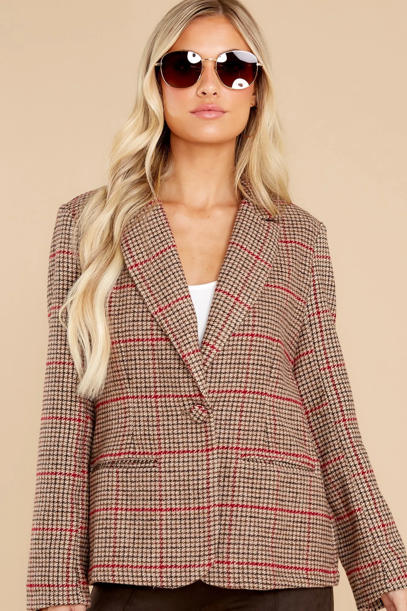 Into Tomorrow Camel And Red Plaid Blazer