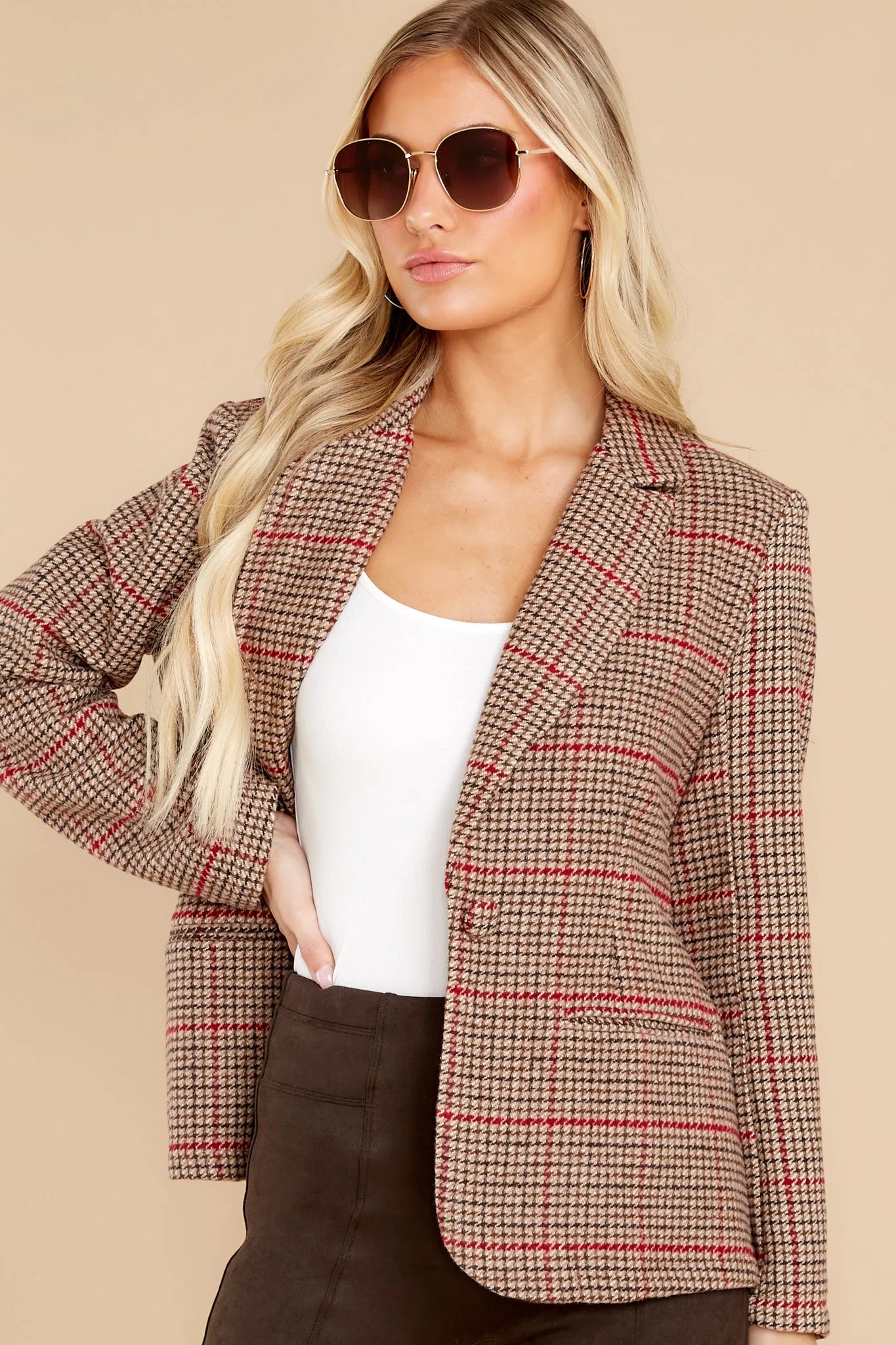 Into Tomorrow Camel And Red Plaid Blazer