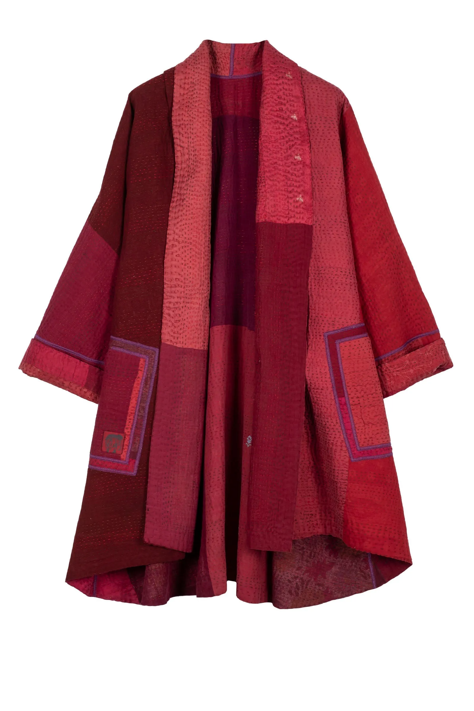 JAIPUR PATCH KANTHA KIMONO LONG JKT - jp4005-red -