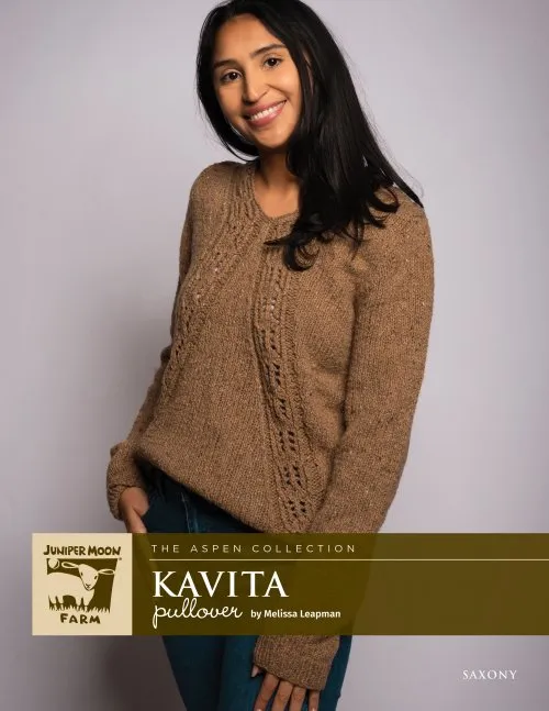 Kavita pullover pattern for Saxony yarn from the Aspen Collection from Juniper Moon Farm