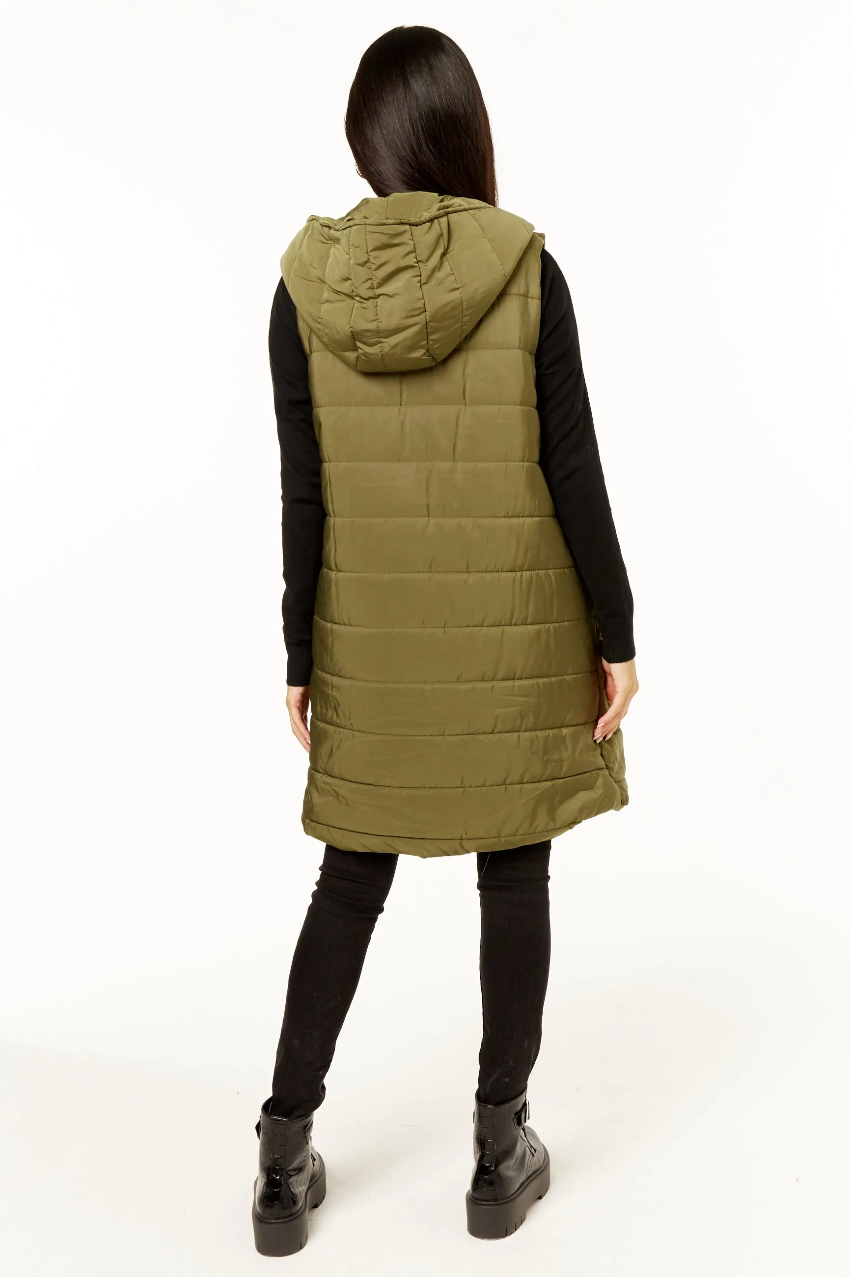 Khaki Longline Padded Hooded Gilet