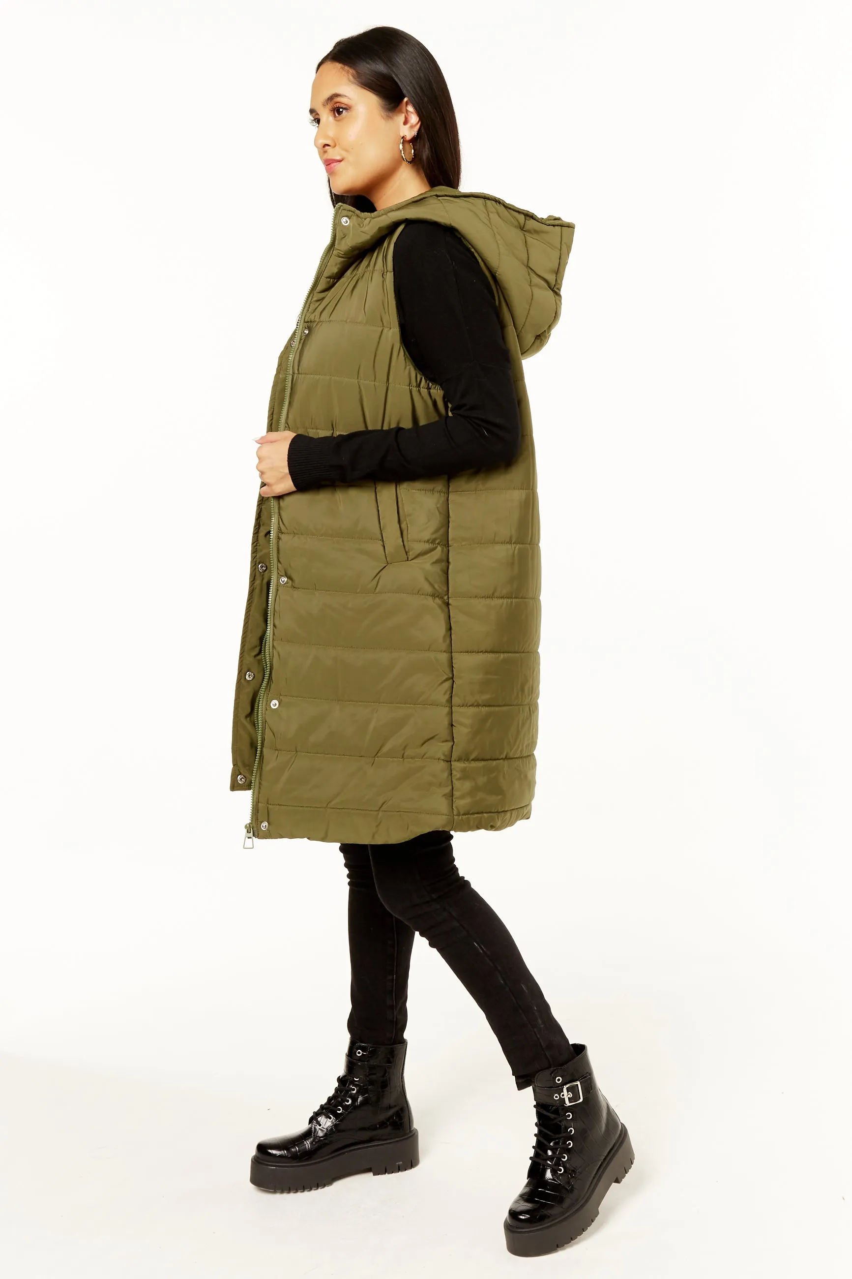 Khaki Longline Padded Hooded Gilet