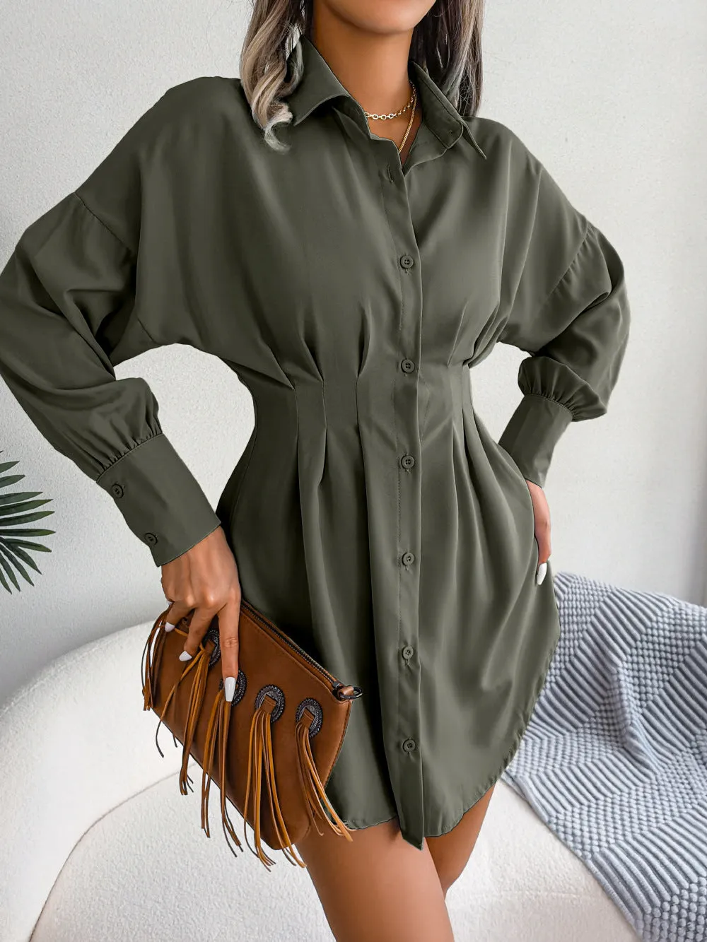 Lantern Sleeve Waisted Asymmetric Shirt Dress