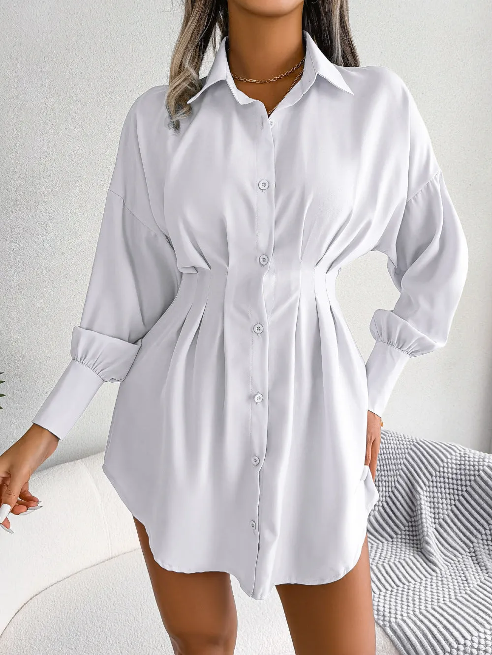 Lantern Sleeve Waisted Asymmetric Shirt Dress