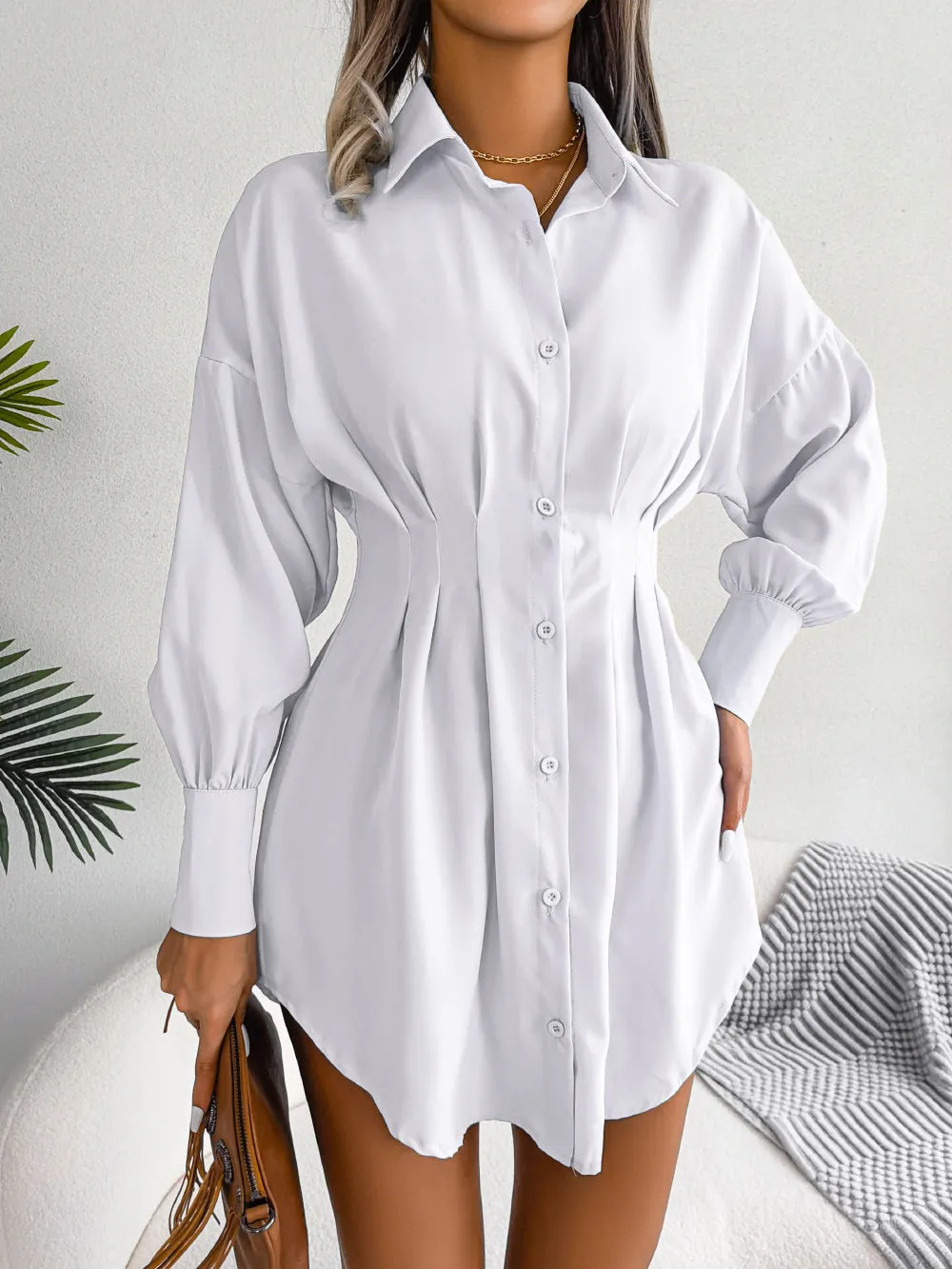 Lantern Sleeve Waisted Asymmetric Shirt Dress